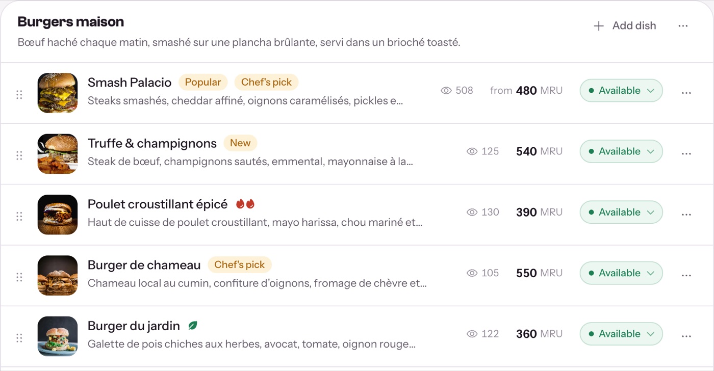 L’éditeur de carte, avec les plats, les prix et la disponibilité de chacun