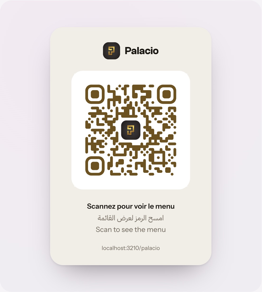 Une carte de table imprimée avec le logo du restaurant et un QR code stylisé